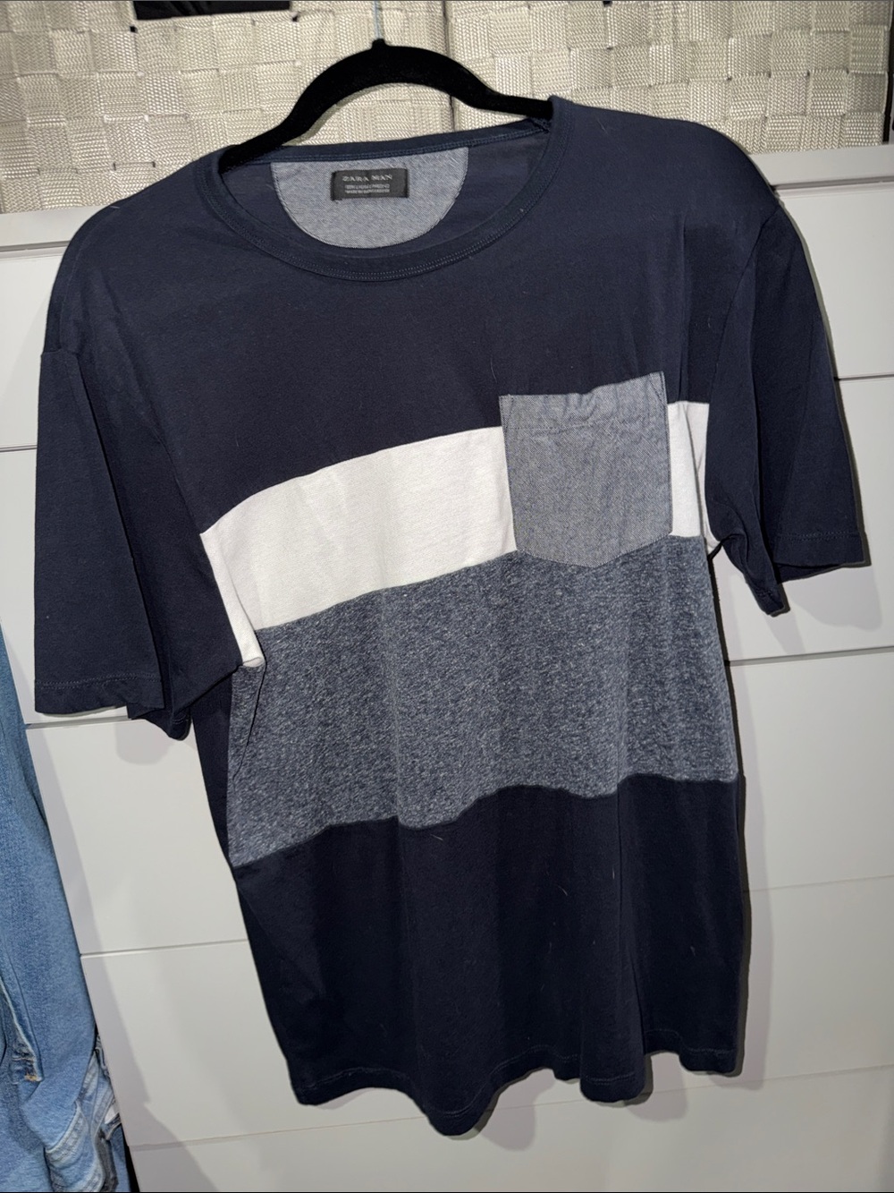 Zara Men Navy White and Heather Gray Colorblock Pocket Tee